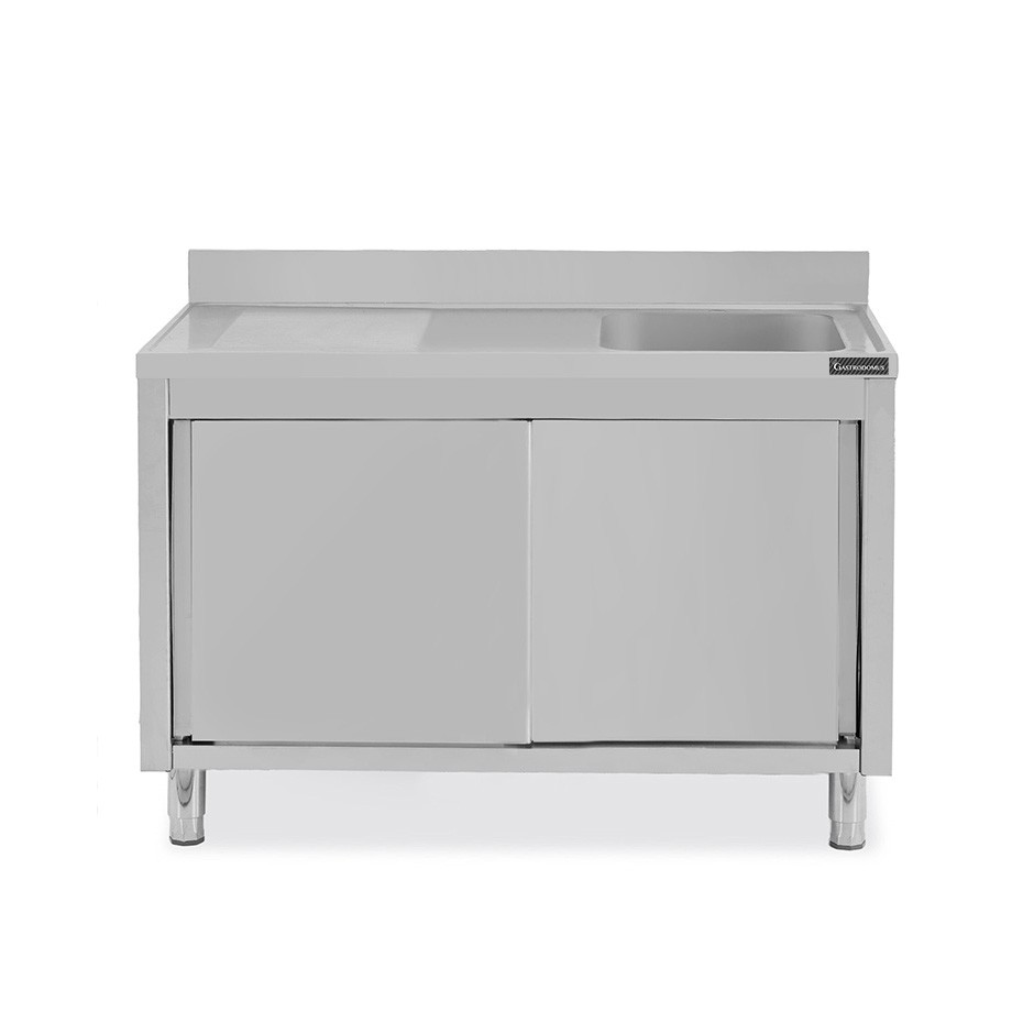 Lavello inox armadiato con porte scorrevoli,1 vasca,gocciolatoio a sinistra,alzatina,L1600xP600xH950mm