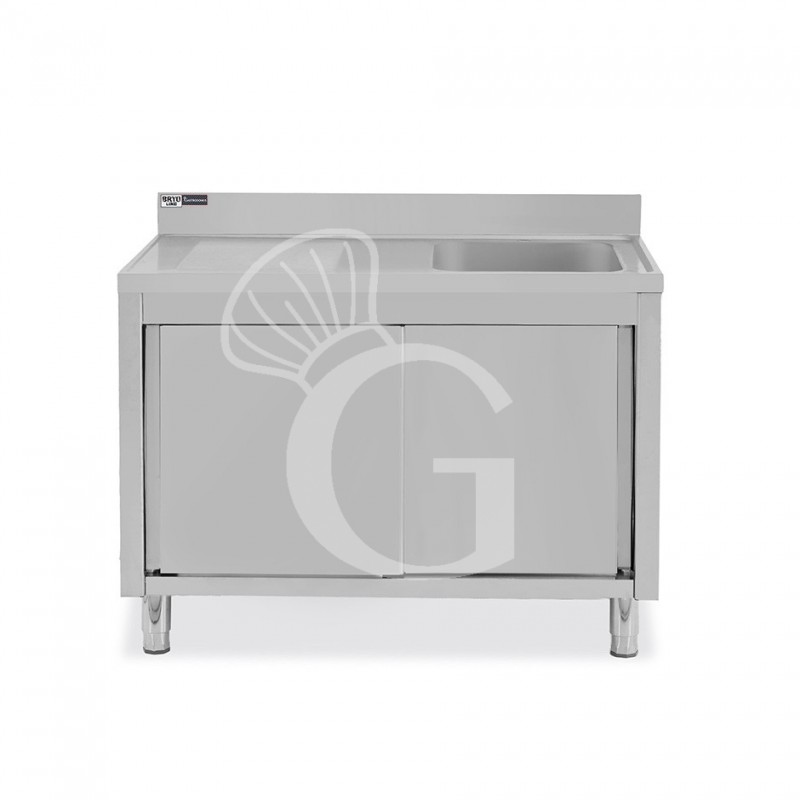 Lavello inox armadiato con porte scorrevoli,1vasca,gocciolatoio a sinistra,alzatina,L1200xP600xH965mm-con foro rubinetto Ø 32 mm Lavello inox armadiato con porte scorrevoli,1vasca,gocciolatoio a sinistra,alzatina,L1200xP600xH965mm-con foro rubinetto Ø 32 mm