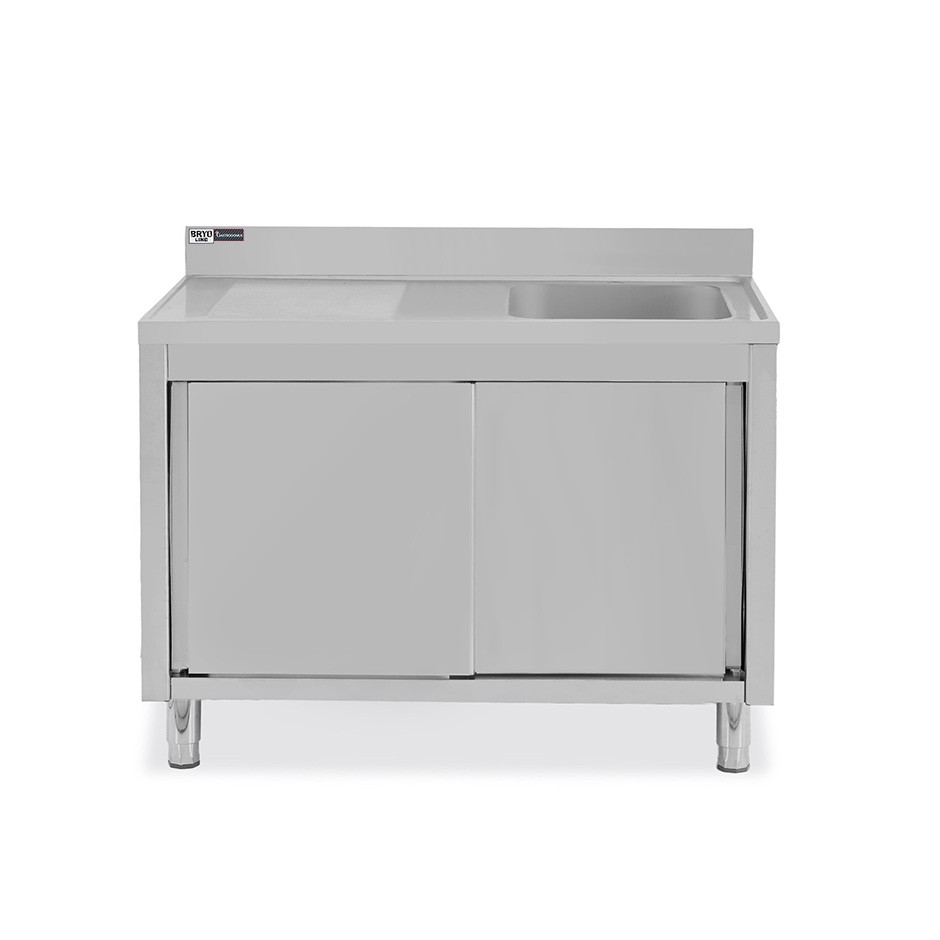 Lavello inox armadiato con porte scorrevoli,1vasca,gocciolatoio a sinistra,alzatina,L1200xP600xH965mm-con foro rubinetto Ø 32 mm