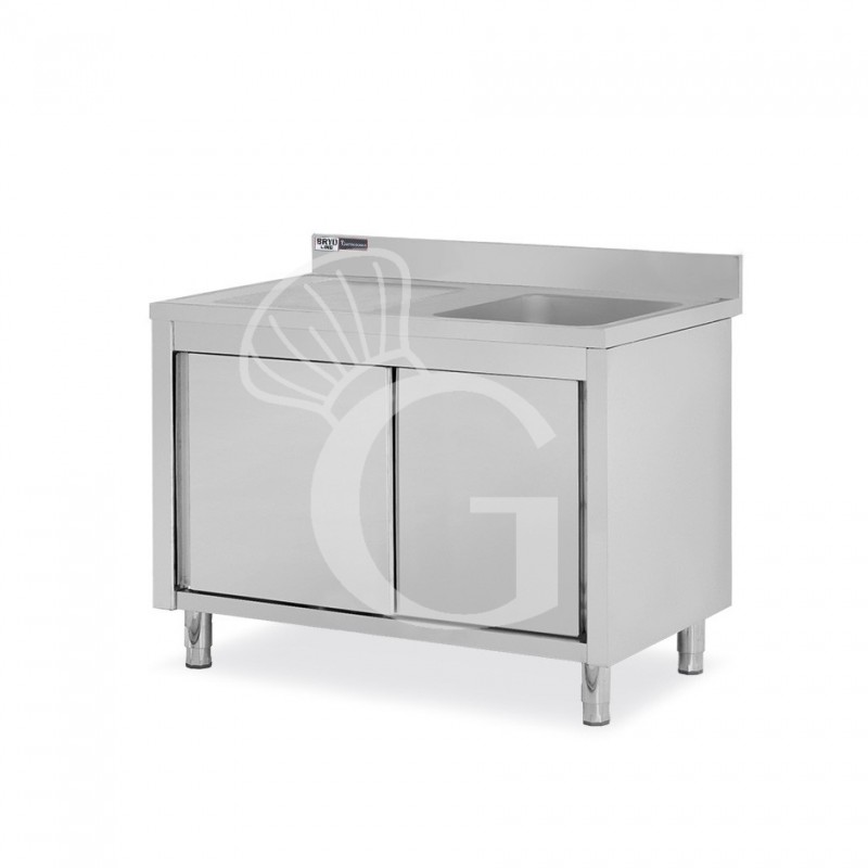 Lavello inox armadiato con porte scorrevoli,1vasca,gocciolatoio a sinistra,alzatina,L1300xP700xH965mm-con foro rubinetto Ø 32 mm