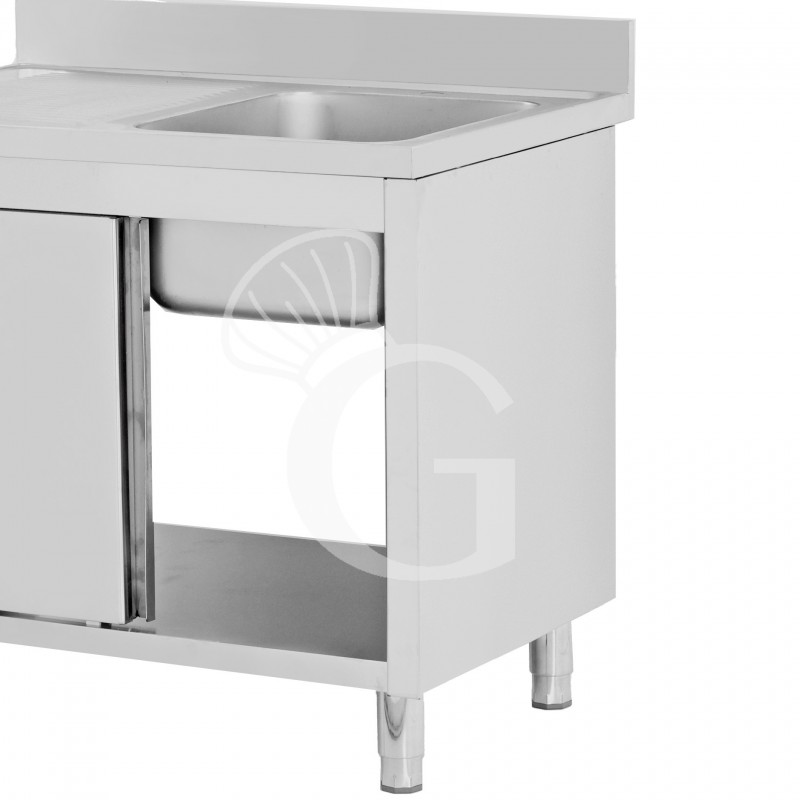 Lavello inox armadiato con porte scorrevoli,1vasca,gocciolatoio a sinistra,alzatina,L1300xP700xH965mm-con foro rubinetto Ø 32 mm