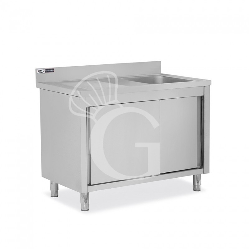 Lavello inox armadiato con porte scorrevoli,1vasca,gocciolatoio a sinistra,alzatina,L1300xP700xH965mm-con foro rubinetto Ø 32 mm