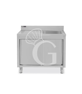 Lavello armadiato con porte scorrevoli,1 vasca,gocciolatoio a sinistra,alzatina,L1000xP700xH965mm - con foro rubinetto Ø 32 mm