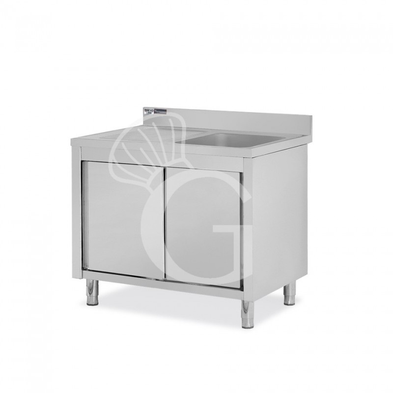 Lavello armadiato con porte scorrevoli,1 vasca,gocciolatoio a sinistra,alzatina,L1100xP700xH965mm - con foro rubinetto Ø 32 mm