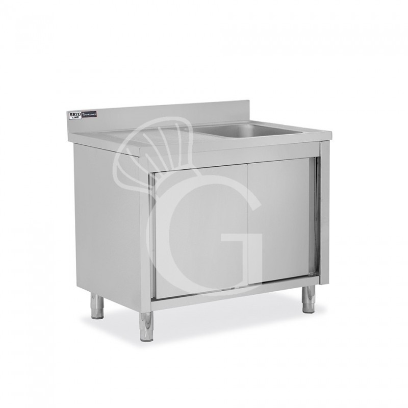 Lavello armadiato con porte scorrevoli,1 vasca,gocciolatoio a sinistra,alzatina,L1100xP700xH965mm - con foro rubinetto Ø 32 mm