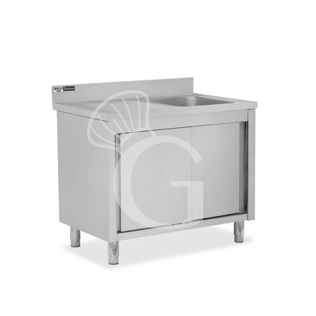 Lavello armadiato con porte scorrevoli,1 vasca,gocciolatoio a sinistra,alzatina,L1000xP600xH950mm - con foro rubinetto Ø 32 mm Lavello armadiato con porte scorrevoli,1 vasca,gocciolatoio a sinistra,alzatina,L1000xP600xH950mm - con foro rubinetto Ø 32 mm
