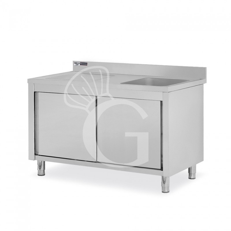 Lavello inox armadiato con porte scorrevoli,1vasca,gocciolatoio a sinistra,alzatina,L1400xP600xH965mm-con foro rubinetto Ø 32 mm