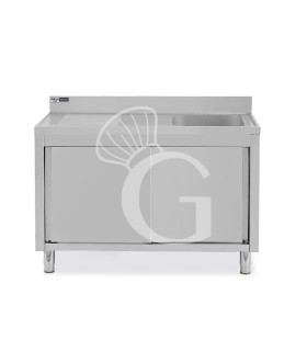 Lavello inox armadiato con porte scorrevoli,1vasca,gocciolatoio a sinistra,alzatina,L1400xP600xH965mm-con foro rubinetto Ø 32 mm