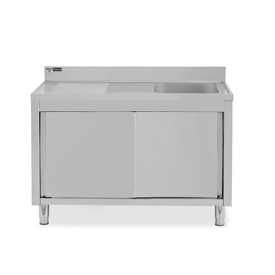 Lavello inox armadiato con porte scorrevoli,1vasca,gocciolatoio a sinistra,alzatina,L1400xP600xH965mm-con foro rubinetto Ø 32 mm