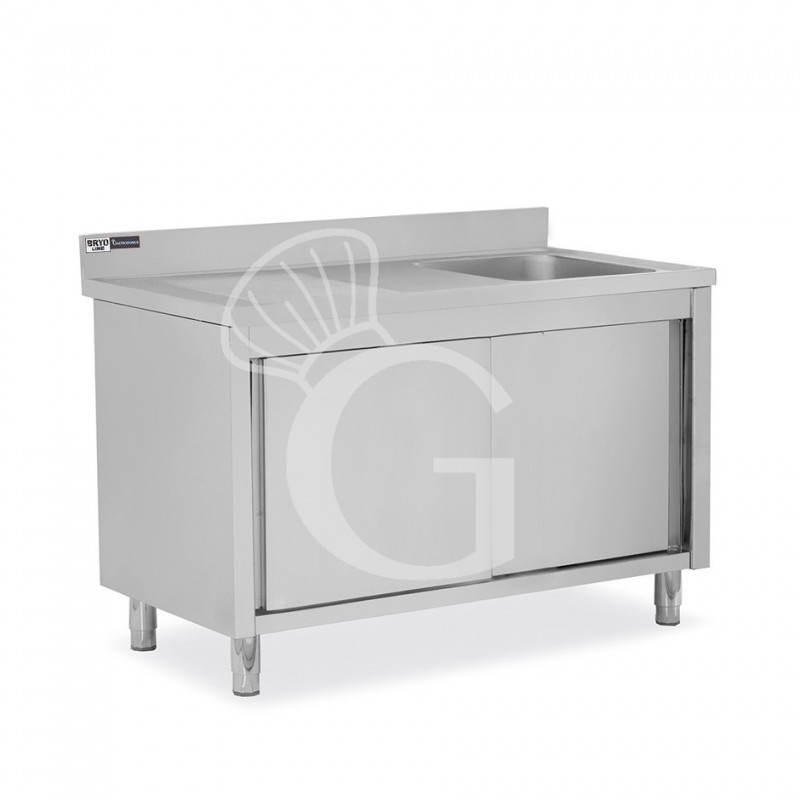 Lavello inox armadiato con porte scorrevoli,1vasca,gocciolatoio a sinistra,alzatina,L1400xP600xH965mm-con foro rubinetto Ø 32 mm