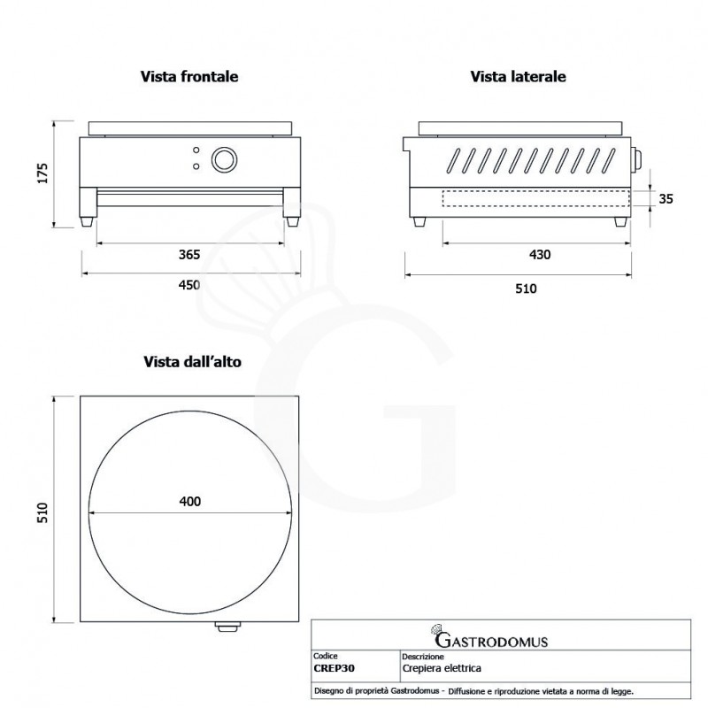 Crepiera Elettrica Singola diametro 400 mm potenza 3 Kw Monofase