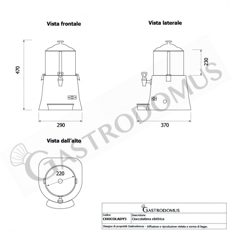 Cioccolatiera elettrica 5 LT 0,44 Kw L 290 mm x P 370 mm x H 470 mm - tecnico