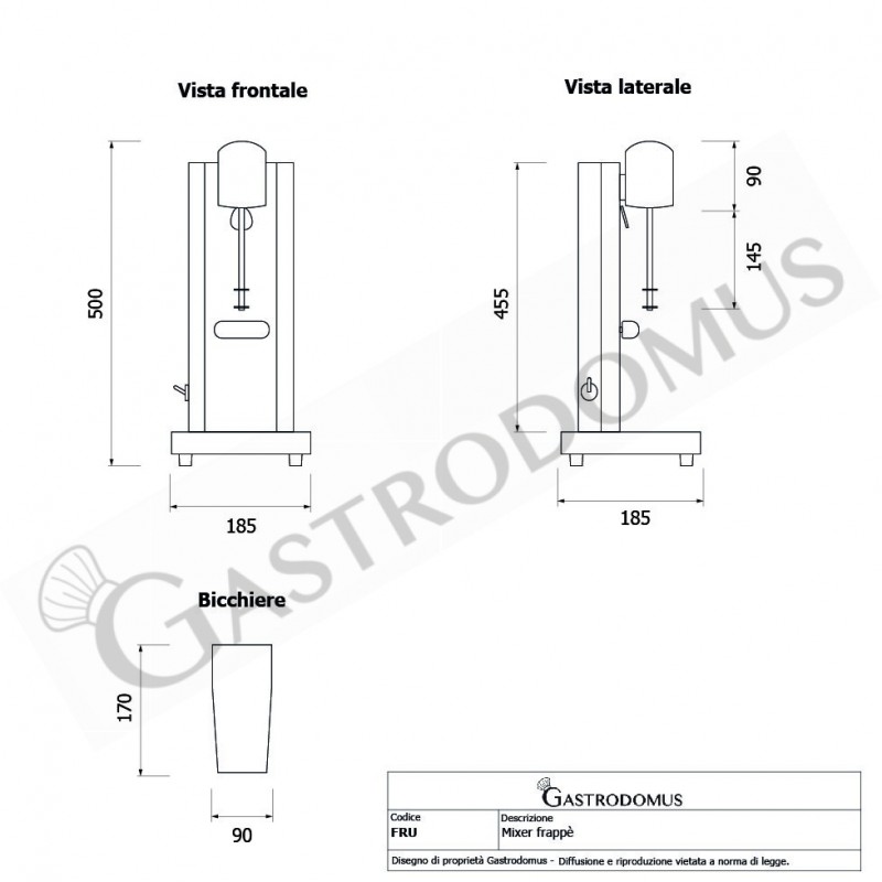 Mixer Frappè 1 bicchiere in acciaio inox 0,18 KW L 185 mm x P 185 mm x H 500 mm - tecnico