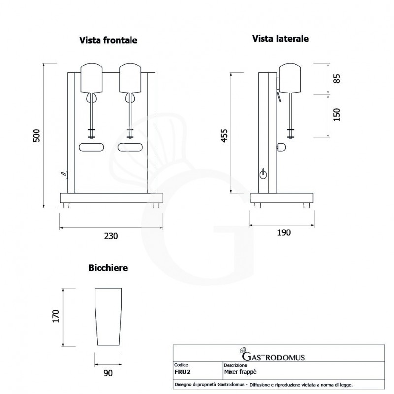 Mixer Frappè 2 bicchieri in acciaio inox 0,18 KW + 0,18 KW L 230 mm x P 190 mm x H 500 mm - tecnico