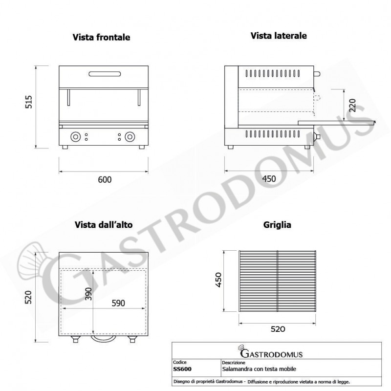 Salamandra monofase con testa mobile L 600 mm x P 450 mm x H 515 mm 0,4 KW - tecnico
