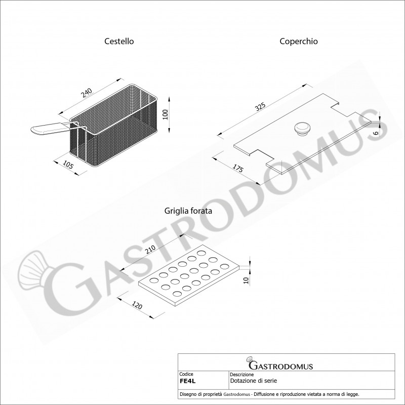 Friggitrice elettrica da banco 1 vasca 4 LT potenza 1,8 KW Monofase - tecnico accessori