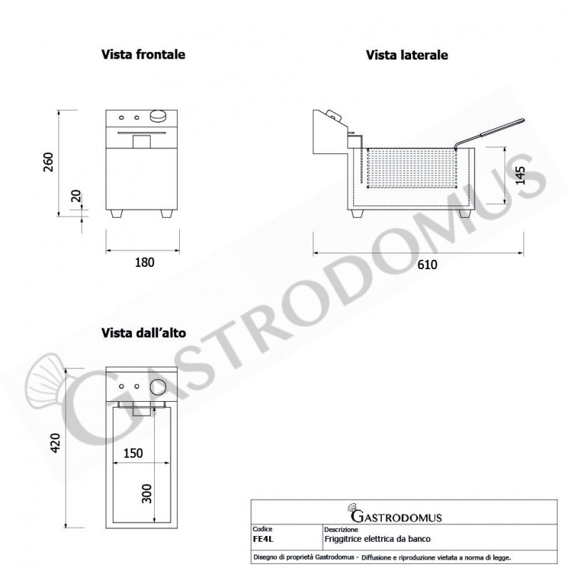Friggitrice elettrica da banco 1 vasca 4 LT potenza 1,8 KW Monofase - tecnico