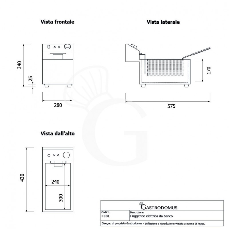 Friggitrice elettrica da banco 1 vasca 8 LT potenza 0,28 kW Monofase - tecnico