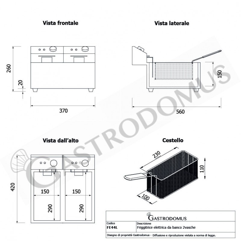 Friggitrice elettrica da banco 2 vasche 4+4 LT potenza 1,8 KW + 1,8 KW  Monofase - tecnico