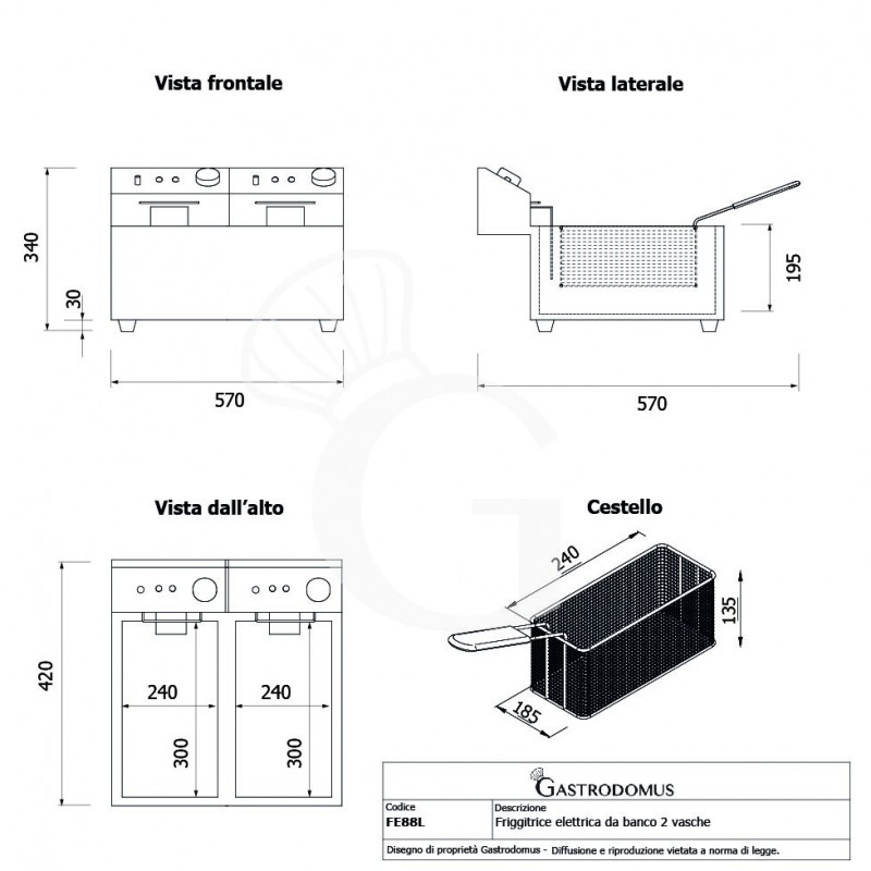 Friggitrice elettrica da banco 2 vasche 8+8 LT potenza 2,8+2,8 KW Monofase - tecnico