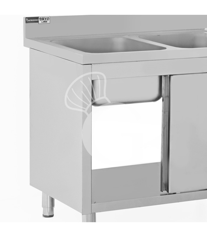 Lavello inox armadiato con porte scorrevoli, 2 vasche, alzatina, L 1000 mm x P 600 mm x H 965 mm - con foro rubinetto Ø 32 mm