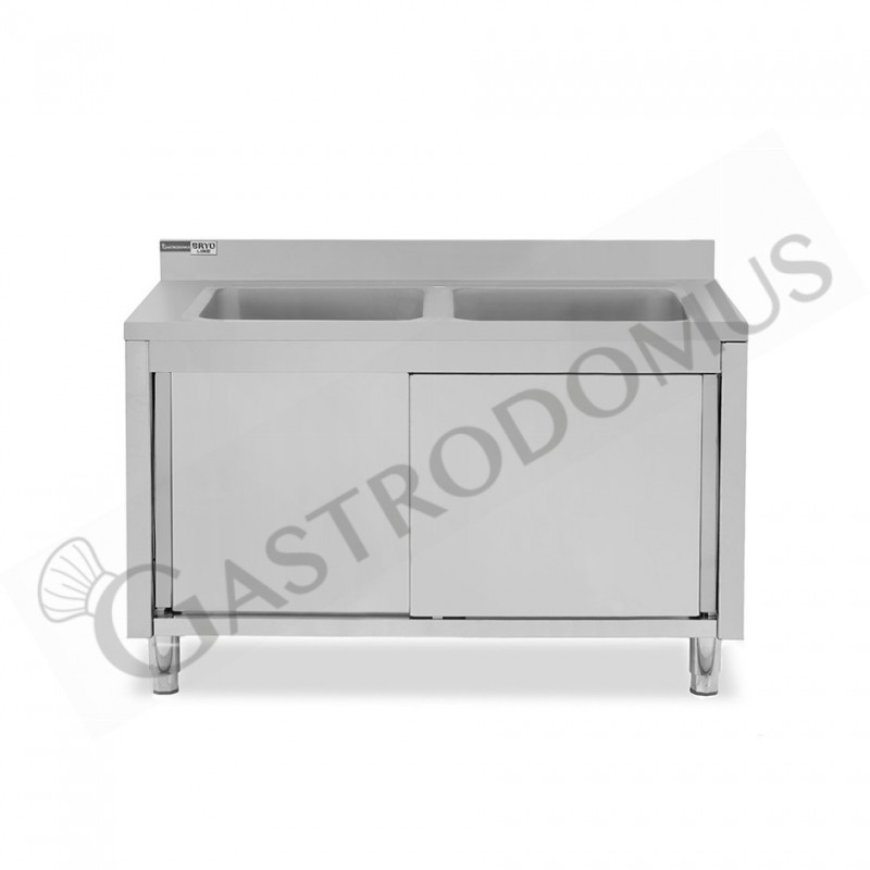Lavello armadiato con porte scorrevoli, 2 vasche, alzatina, L 1400 mm x P 600 mm x H 965 mm - con foro rubinetto Ø 32 mm Lavello armadiato con porte scorrevoli, 2 vasche, alzatina, L 1400 mm x P 600 mm x H 965 mm - con foro rubinetto Ø 32 mm