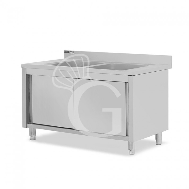 Lavello armadiato con porte scorrevoli, 2 vasche, alzatina, L 1400 mm x P 700 mm x H 965 mm - con foro rubinetto Ø 32 mm