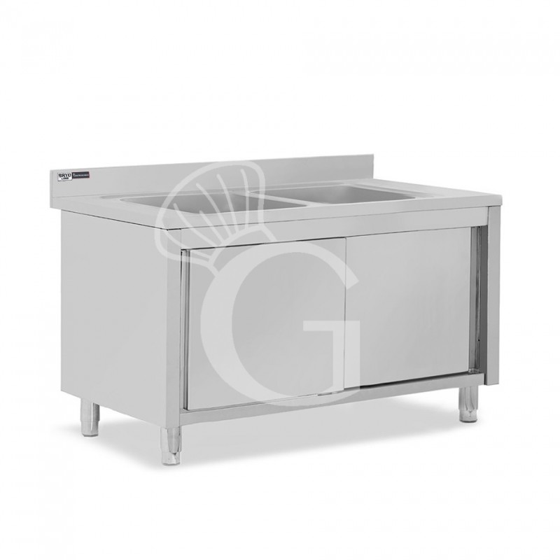 Lavello armadiato con porte scorrevoli, 2 vasche, alzatina, L 1400 mm x P 700 mm x H 965 mm - con foro rubinetto Ø 32 mm