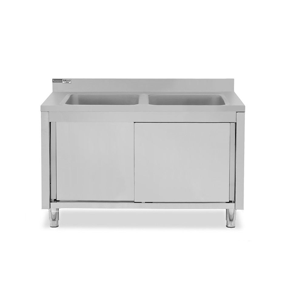 Lavatoio su armadio, porte scorrevoli, 2 vasche, alzatina, L 1600 x P 700 x H 965 mm - con foro rubinetto Ø 32 mm