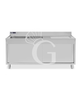 Lavello armadiato con porte scorrevoli,2 vasche,gocciolatoio a destra,L 1800 x P 600 x H 965 mm - con foro rubinetto Ø 32 mm