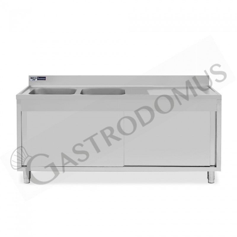 Lavello armadiato con porte scorrevoli,2 vasche,gocciolatoio a destra,L 1800 x P 600 x H 965 mm - con foro rubinetto Ø 32 mm Lavello armadiato con porte scorrevoli,2 vasche,gocciolatoio a destra,L 1800 x P 600 x H 965 mm - con foro rubinetto Ø 32 mm