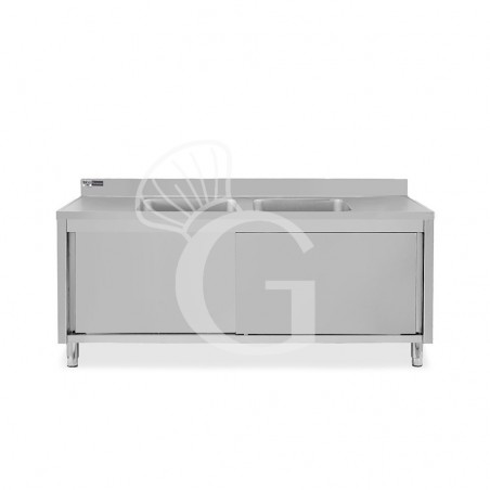Lavatoio su armadio, porte scorrevoli, 2 vasche, alzatina, L 2000 x P 700 x H 965 mm - con foro rubinetto Ø 32 mm Lavatoio su armadio, porte scorrevoli, 2 vasche, alzatina, L 2000 x P 700 x H 965 mm - con foro rubinetto Ø 32 mm