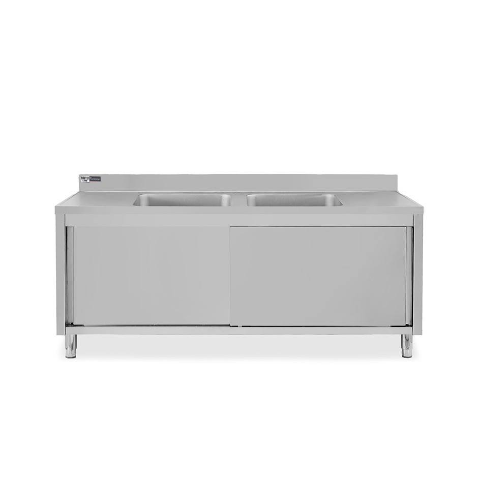 Lavatoio su armadio, porte scorrevoli, 2 vasche, alzatina, L 2000 x P 700 x H 965 mm - con foro rubinetto Ø 32 mm