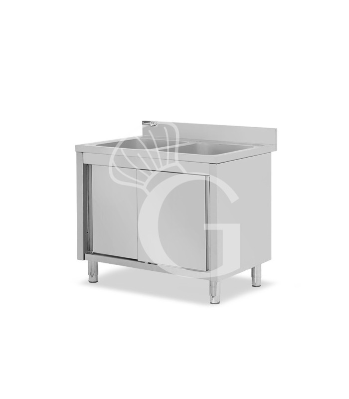 Lavello inox armadiato con porte scorrevoli, 2 vasche, alzatina, L 1000 mm x P 600 mm x H 965 mm - con foro rubinetto Ø 32 mm