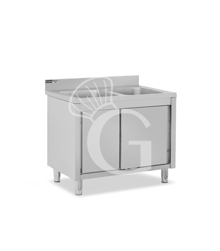 Lavello inox armadiato con porte scorrevoli, 2 vasche, alzatina, L 1000 mm x P 600 mm x H 965 mm - con foro rubinetto Ø 32 mm