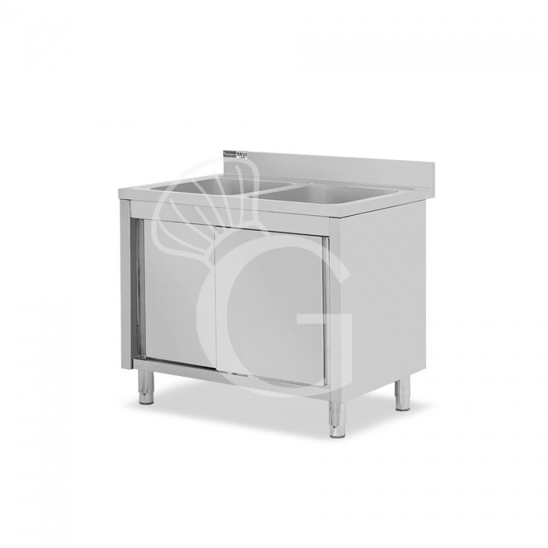 Lavello armadiato con porte scorrevoli, 2 vasche, alzatina, L 1100 mm x P 600 mm x H 965 mm - con foro rubinetto Ø 32 mm