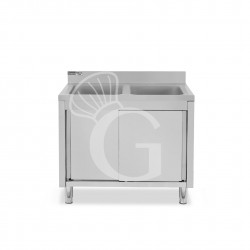 Lavello armadiato con porte scorrevoli, 2 vasche, alzatina, L 1100 mm x P 600 mm x H 965 mm - con foro rubinetto Ø 32 mm
