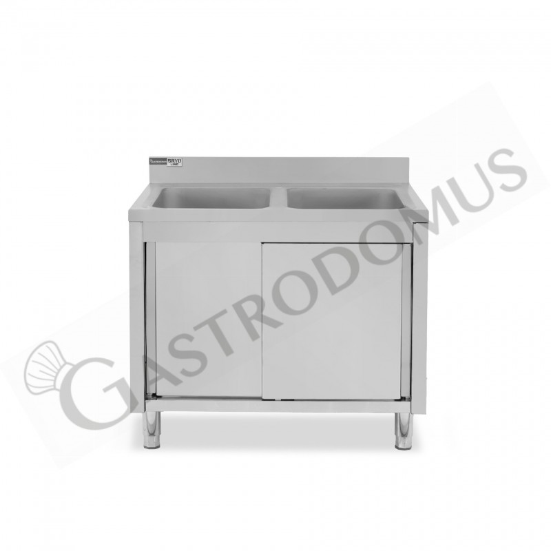 Lavello armadiato con porte scorrevoli, 2 vasche, alzatina, L 1100 mm x P 600 mm x H 965 mm - con foro rubinetto Ø 32 mm Lavello armadiato con porte scorrevoli, 2 vasche, alzatina, L 1100 mm x P 600 mm x H 965 mm - con foro rubinetto Ø 32 mm