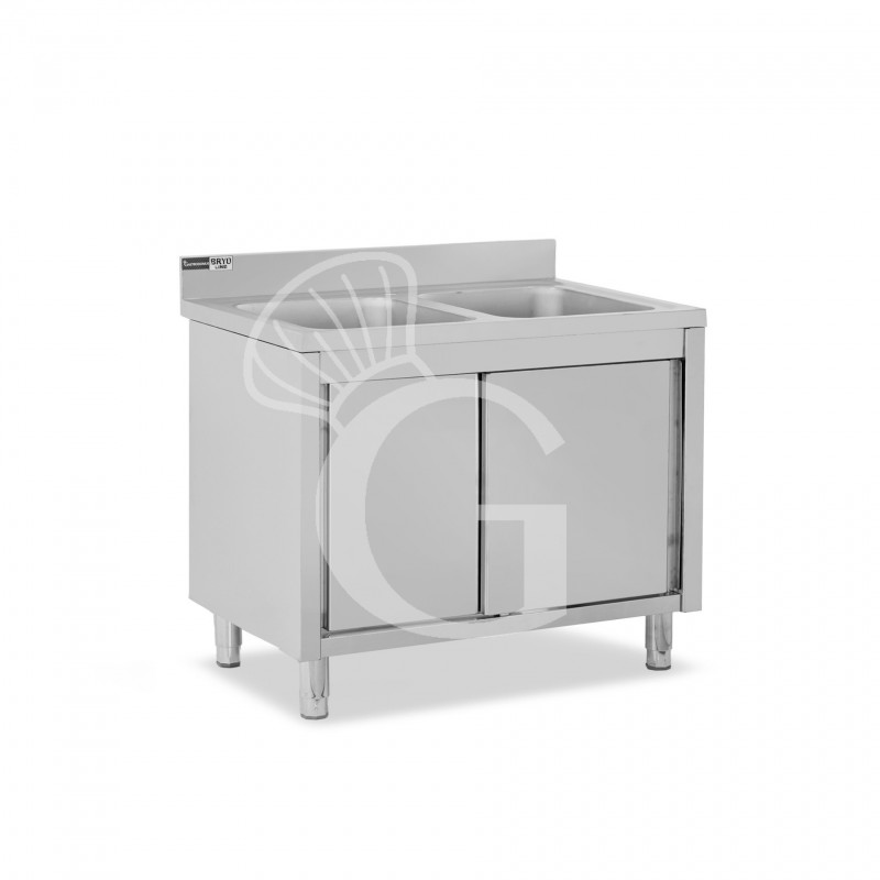 Lavello armadiato con porte scorrevoli, 2 vasche, alzatina, L 1100 mm x P 600 mm x H 965 mm - con foro rubinetto Ø 32 mm