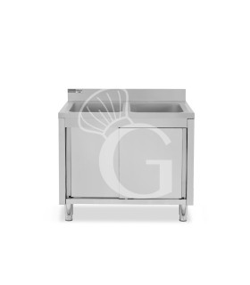 Lavello inox armadiato con porte scorrevoli, 2 vasche, alzatina, L 1000 mm x P 700 mm x H 965 mm - con foro rubinetto Ø 32 mm