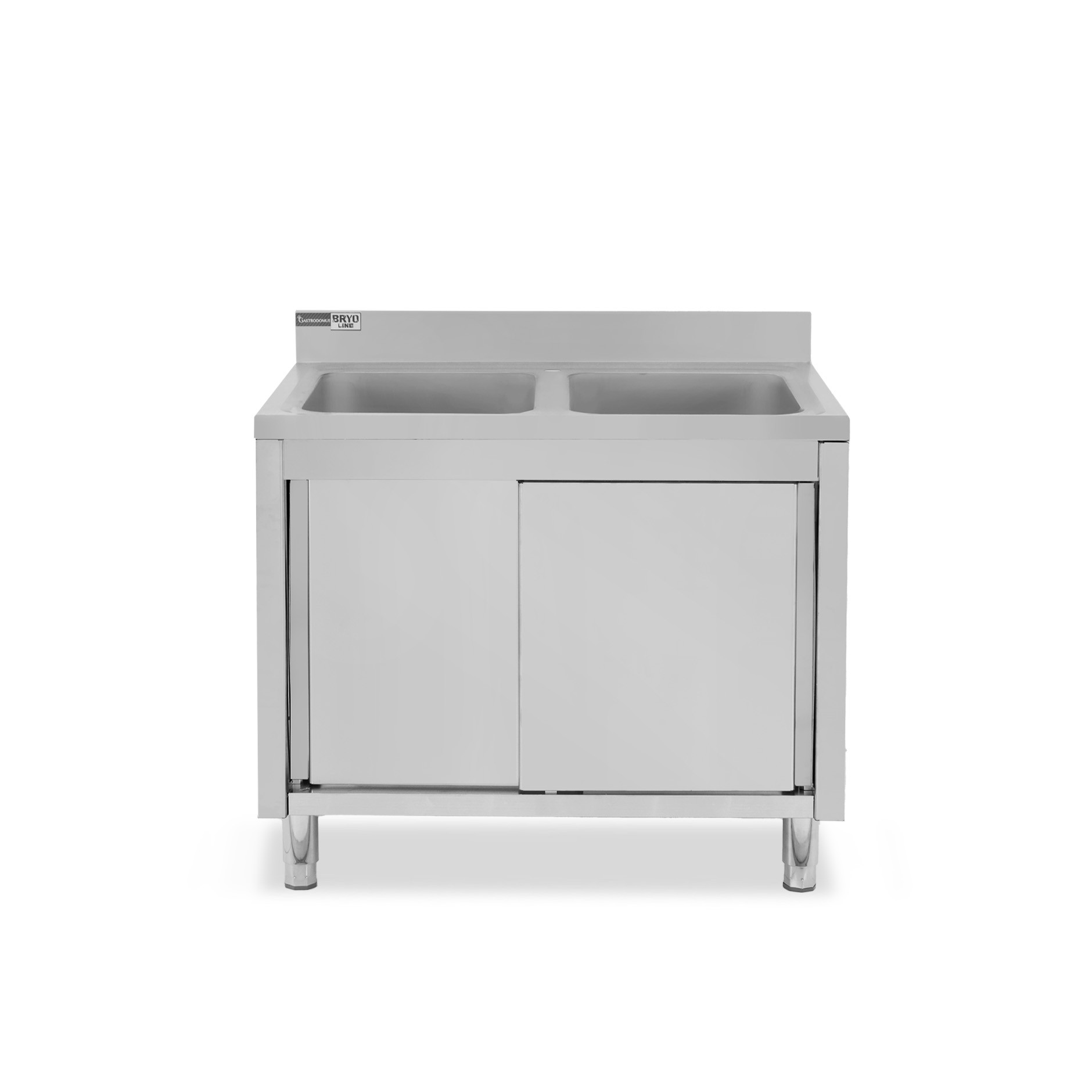Lavello inox armadiato con porte scorrevoli, 2 vasche, alzatina, L 1000 mm x P 700 mm x H 965 mm - con foro rubinetto Ø 32 mm