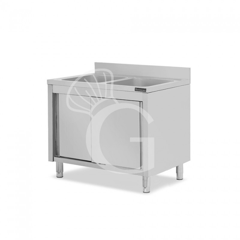 Lavello inox armadiato con porte scorrevoli, 2 vasche, alzatina, L 1000 mm x P 600 mm x H 950 mm