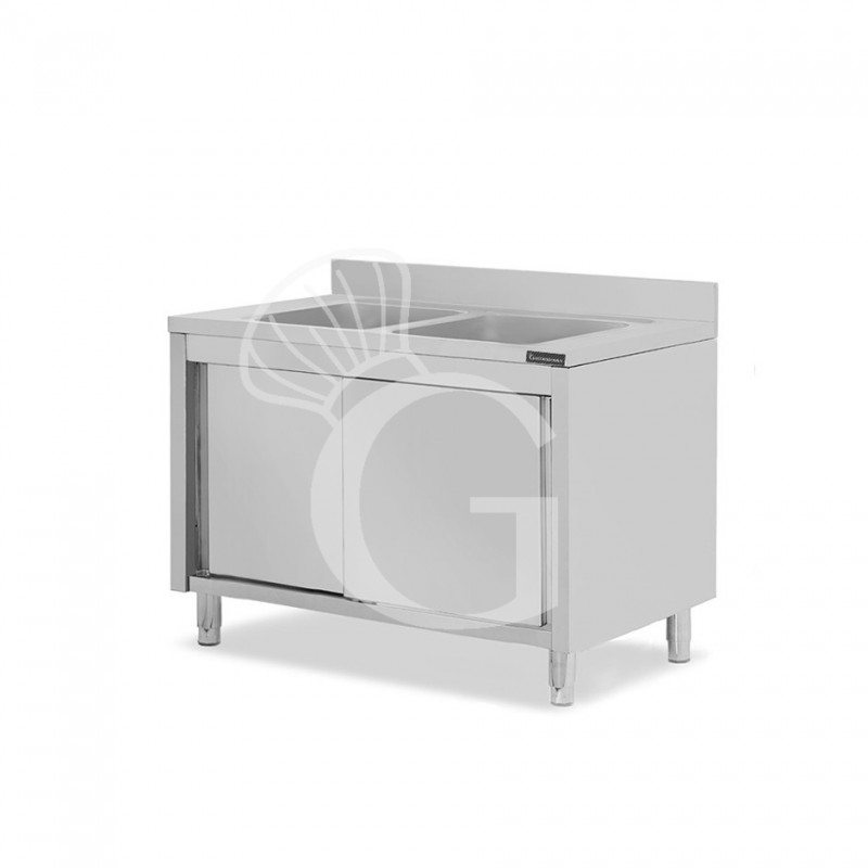 Lavello armadiato con porte scorrevoli, 2 vasche, alzatina, L 1300 mm x P 600 mm x H 950 mm