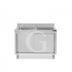 Lavello inox armadiato con porte scorrevoli, 2 vasche, alzatina, L 1200 mm x P 700 mm x H 950 mm