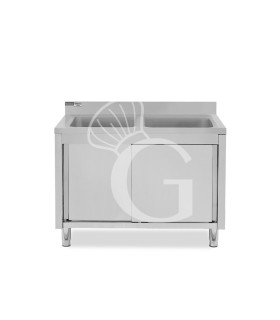 Lavello armadiato con porte scorrevoli, 2 vasche, alzatina, L 1200 mm x P 600 mm x H 965 mm - con foro rubinetto Ø 32 mm