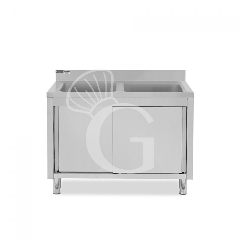 Lavello armadiato con porte scorrevoli, 2 vasche, alzatina, L 1200 mm x P 600 mm x H 965 mm - con foro rubinetto Ø 32 mm Lavello armadiato con porte scorrevoli, 2 vasche, alzatina, L 1200 mm x P 600 mm x H 965 mm - con foro rubinetto Ø 32 mm