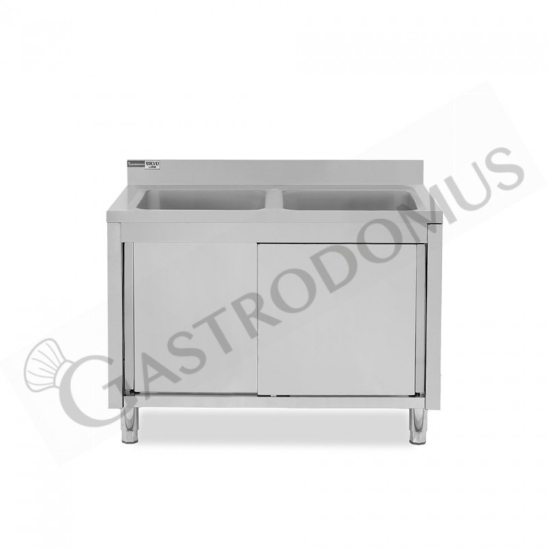 Lavello armadiato con porte scorrevoli, 2 vasche, alzatina, L 1300 mm x P 600 mm x H 965 mm - con foro rubinetto Ø 32 mm Lavello armadiato con porte scorrevoli, 2 vasche, alzatina, L 1300 mm x P 600 mm x H 965 mm - con foro rubinetto Ø 32 mm