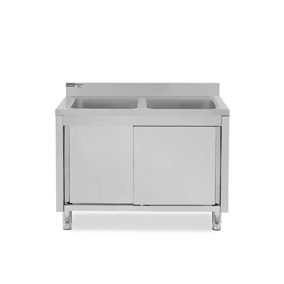 Lavello armadiato con porte scorrevoli, 2 vasche, alzatina, L 1300 mm x P 600 mm x H 965 mm - con foro rubinetto Ø 32 mm