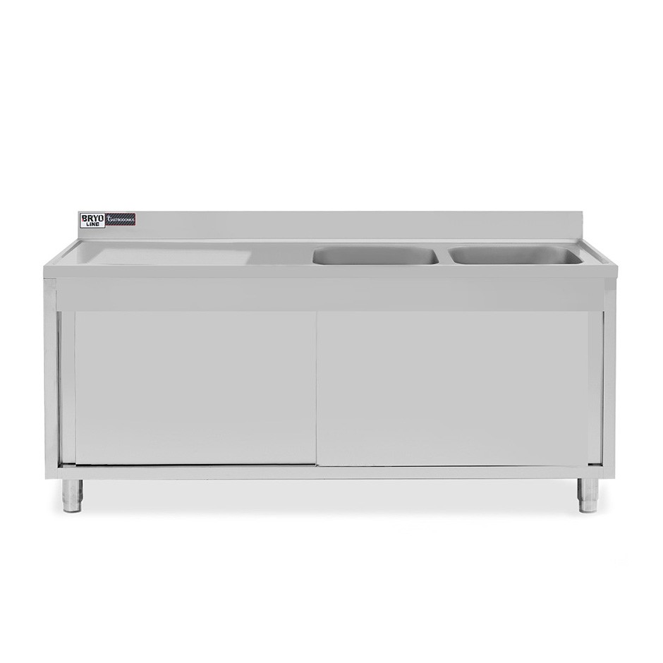 Lavello armadiato con porte scorrevoli,2 vasche,gocciolatoio a sinistra,L 1900 x P 700 x H 965 mm - con foro rubinetto Ø 32 mm