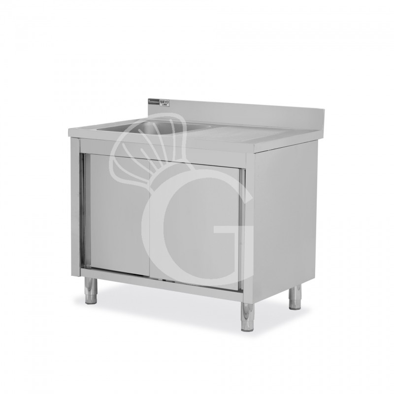 Lavello inox armadiato con porte scorrevoli,1vasca,gocciolatoio a destra,alzatina,L1100xP600xH965mm-con foro rubinetto Ø 32 mm